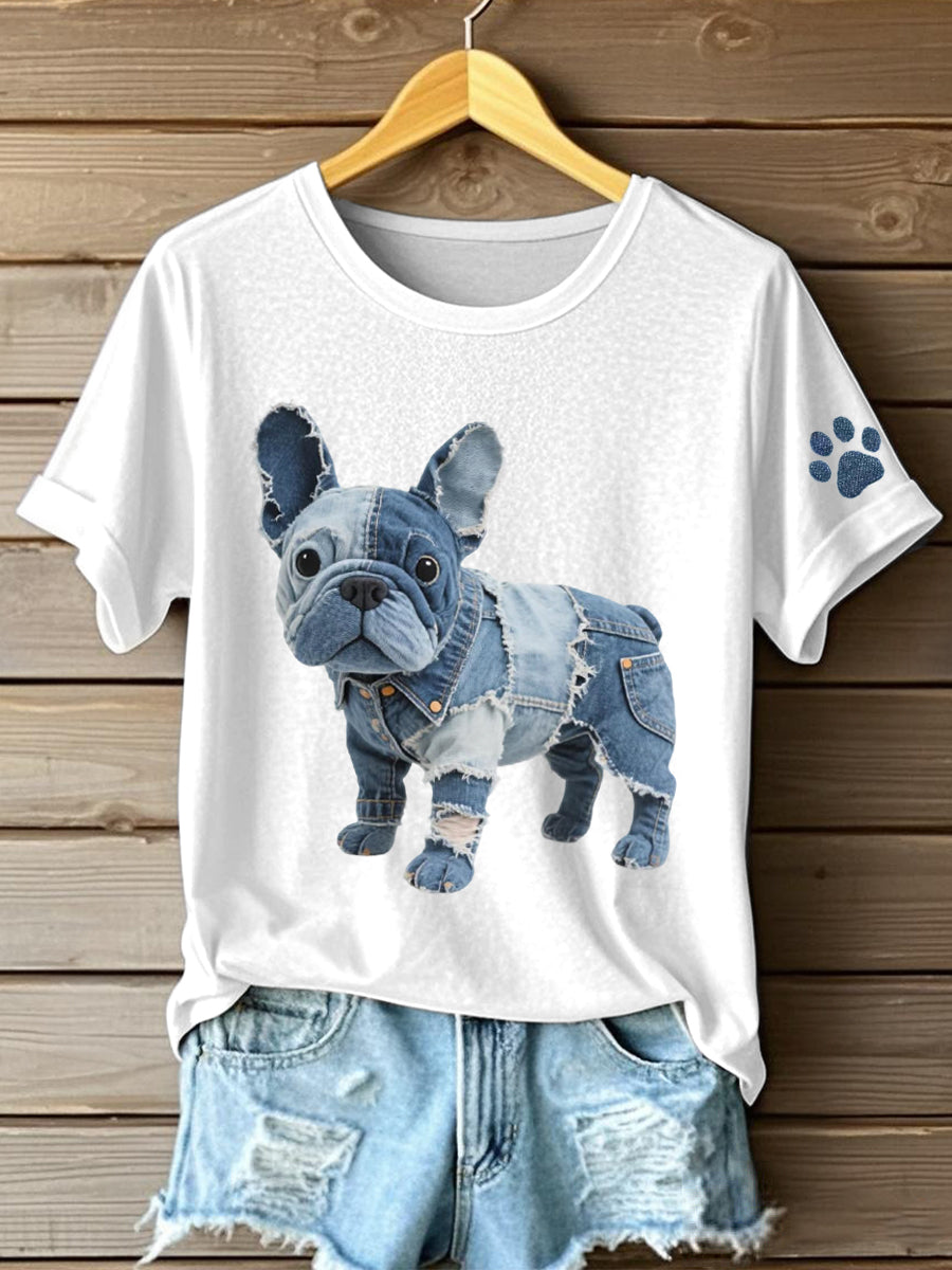 Dámské džínsové patchwork umění francouzský buldog vzor tshirt