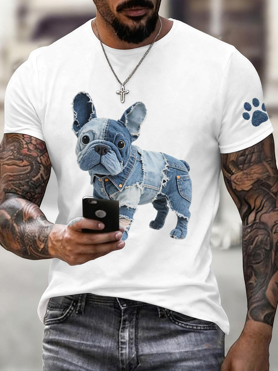 Pánské denim patchwork umění francouzské buldog vzor tshirt