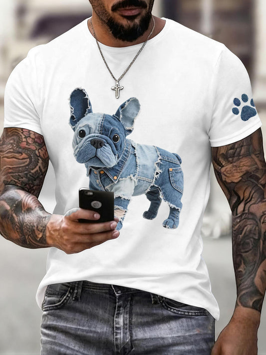 Pánské denim patchwork umění francouzské buldog vzor tshirt