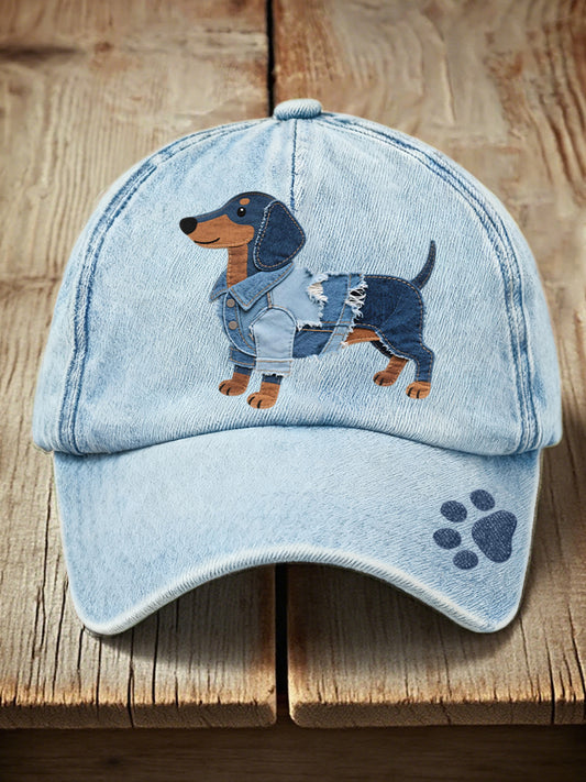 Unisex denim patchwork art dachshund pes vzor umytý klobouk