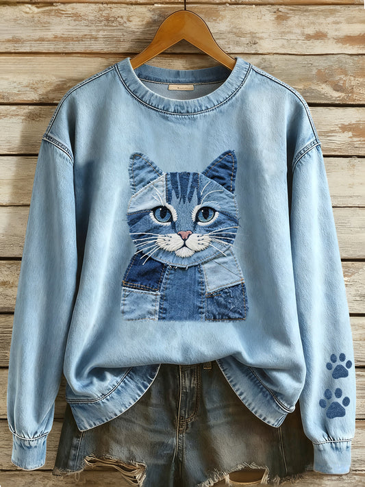 Dámské denim patchwork art cat pattern sweatshirt