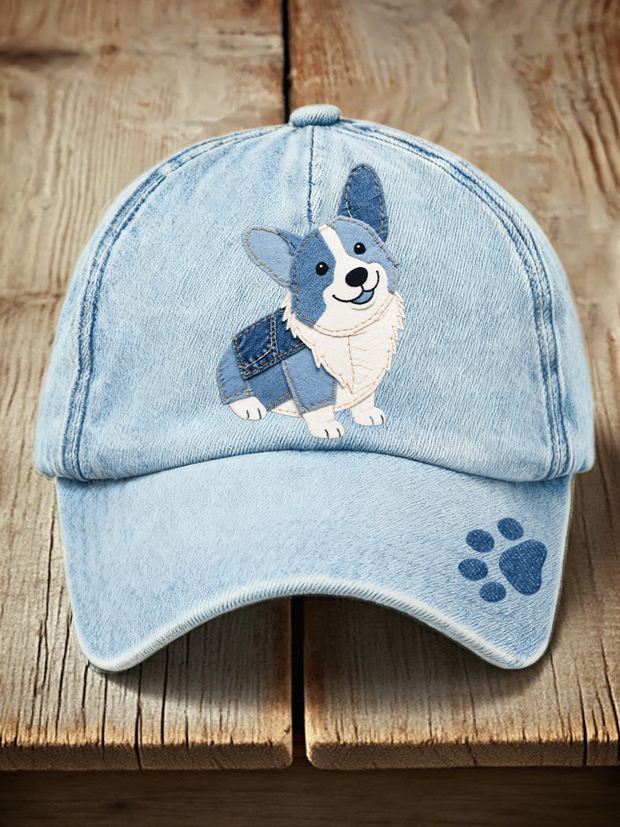 Unisex denim patchwork art corgi pes vzor umytý klobouk