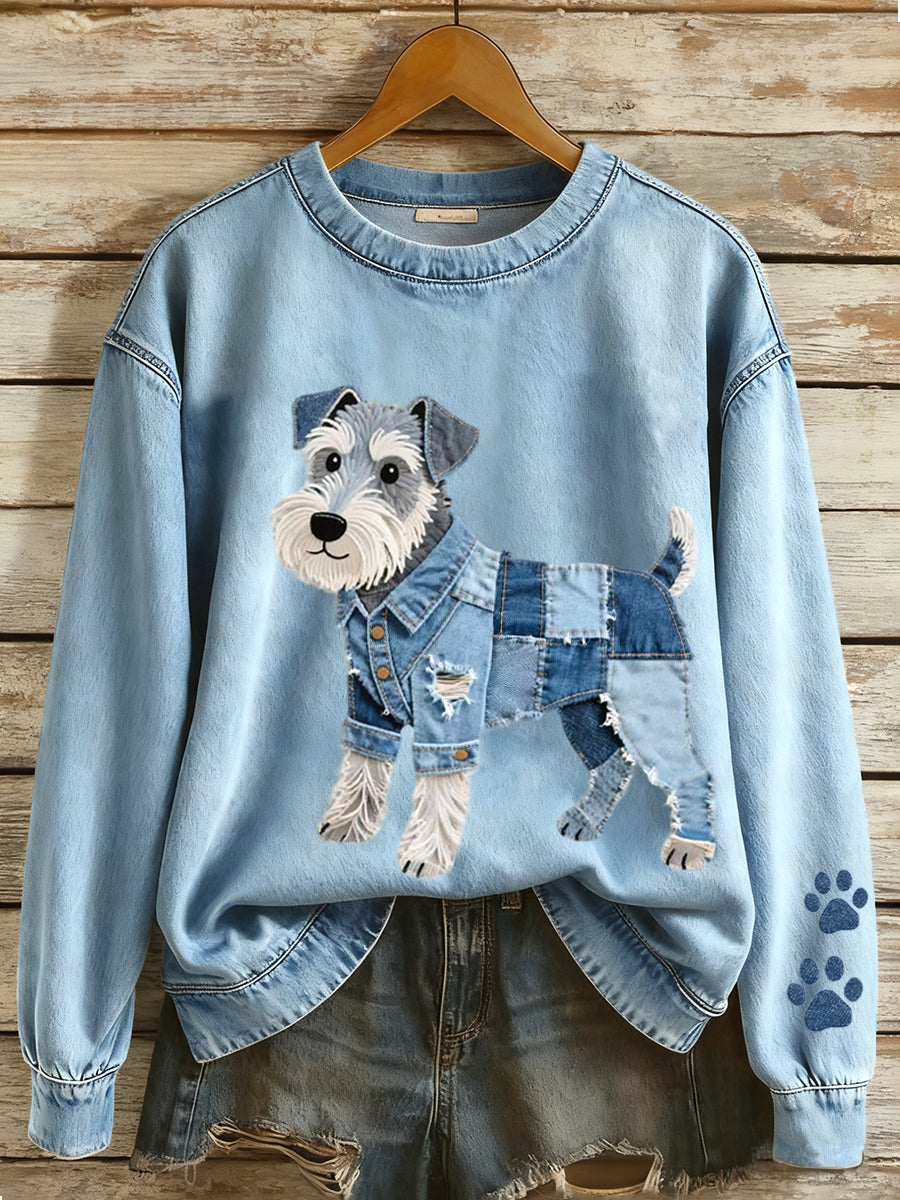 Dámské denim patchwork umění schnauzer psí vzor mikina