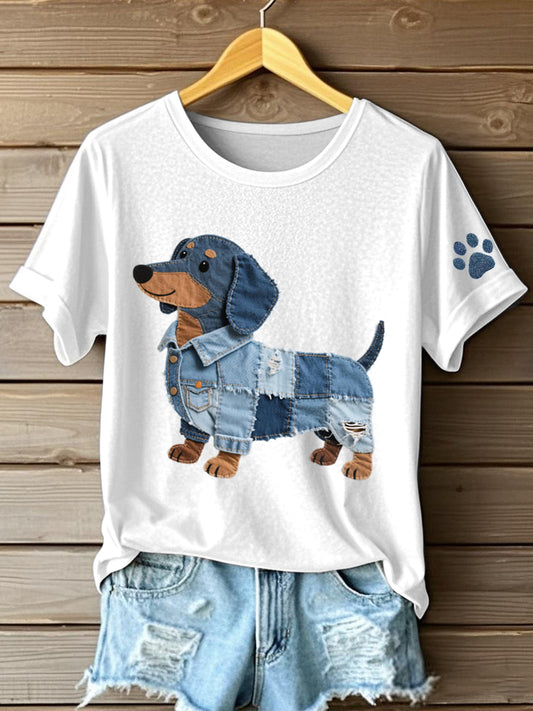 Dámské denim patchwork art dachshund vzor tshirt