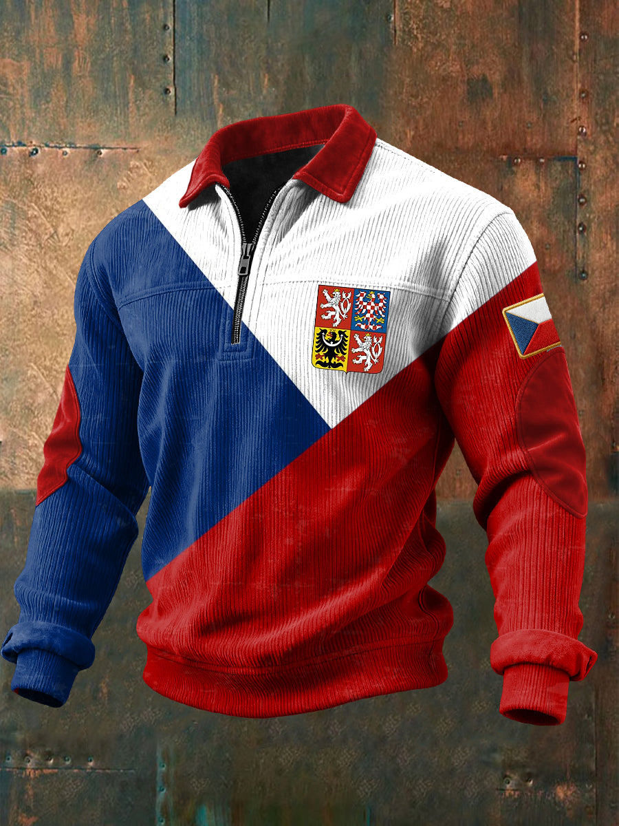 Retro česká vlajka patchwork corduroy zipper pullover