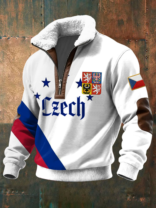 Retro česká odznak pruhované škrtnutí zips pulóver