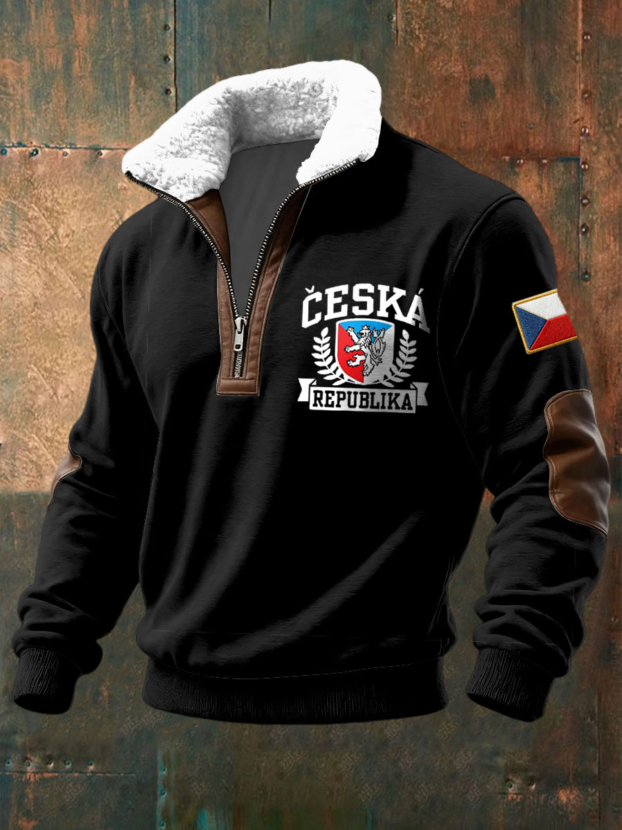 Retro česká vlajka emblém lví jehněčívlna zips pulóver