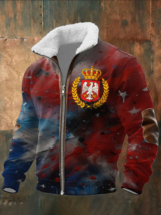 Pánské rozprašovače polish eagle emblem print patchwork sherpalined zipper jacket