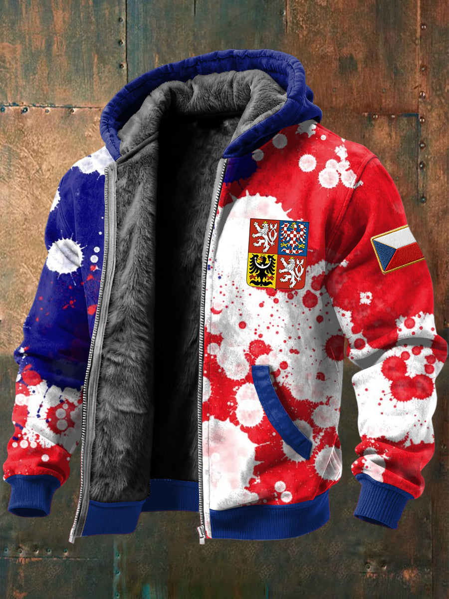 Retro czech emblem colorful inkwashed fleecelined hooded jacket