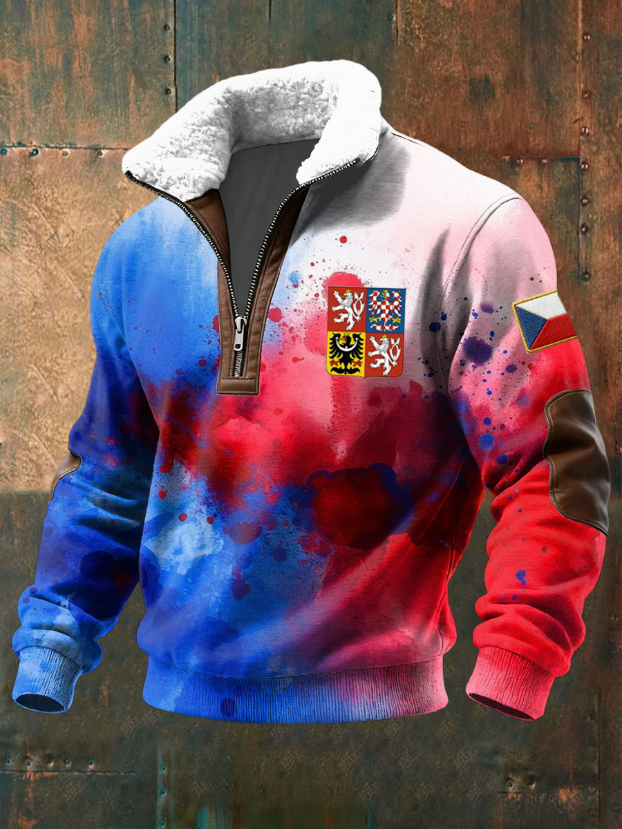 Retro česká vlajka inkoustumyté jehněčívlna zips pulóver