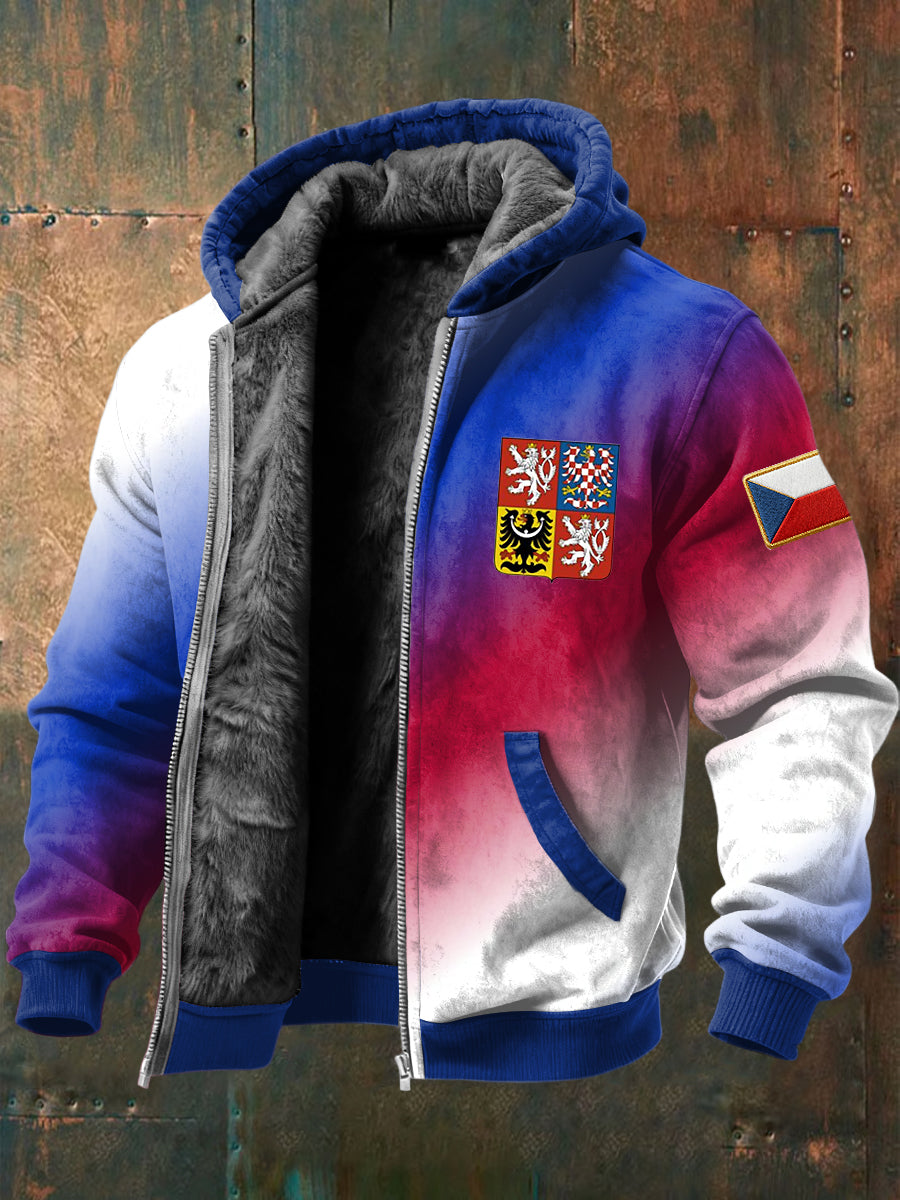 Retro czech emblem gradient color fleecelined with hooded jacket