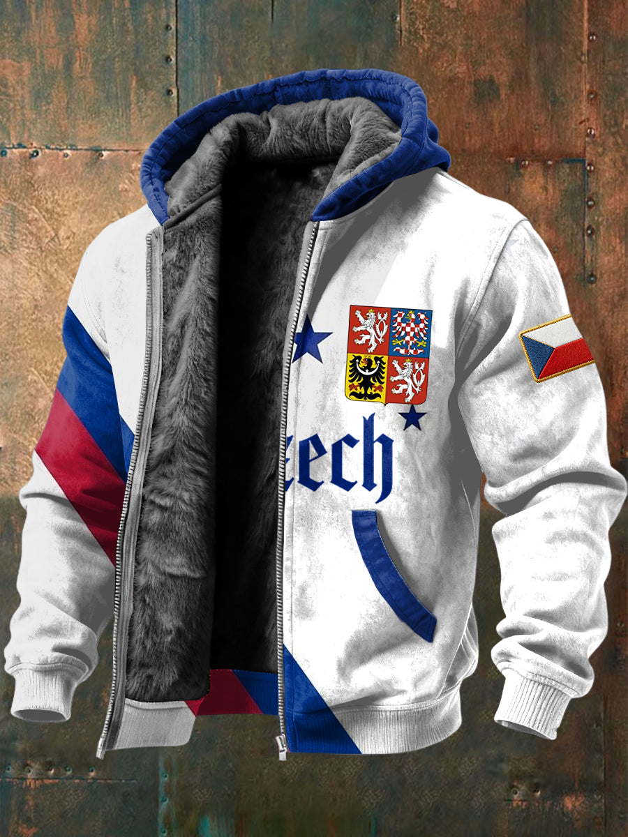 Retro czech emblem patchwork fleecelined with hooded jacket