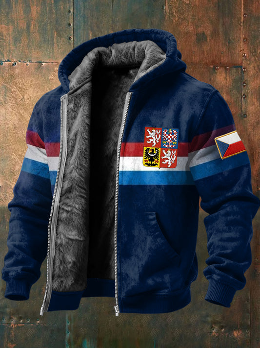 Retro česká odznaková barvazablokovaná fleecelemovaná bunda s kapucinákem