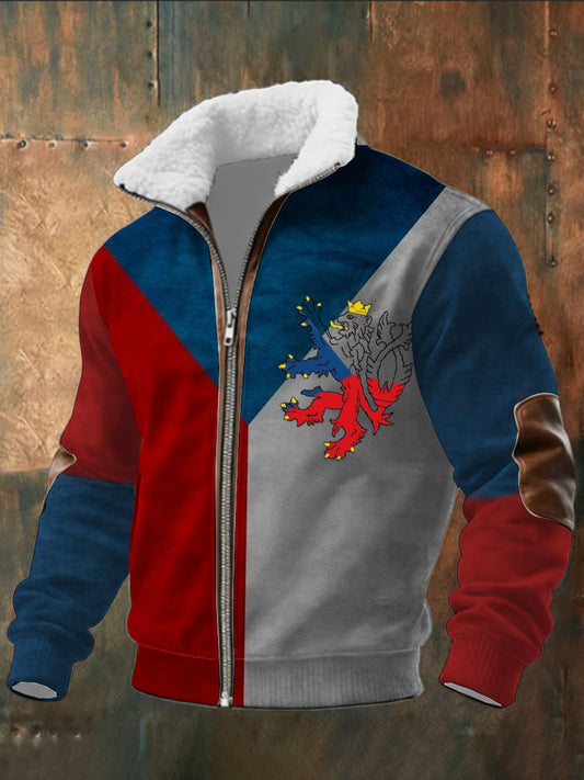 Pánské barevnéblok českého leva emblému vytisknout patchwork sherpalemované kabát na zips