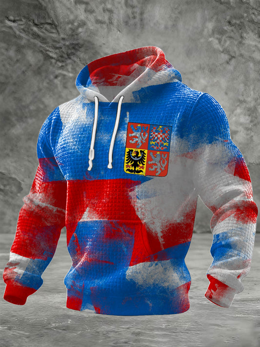 Pánské neklidné české multiemblem print vaflová pletená mikina s kapourou