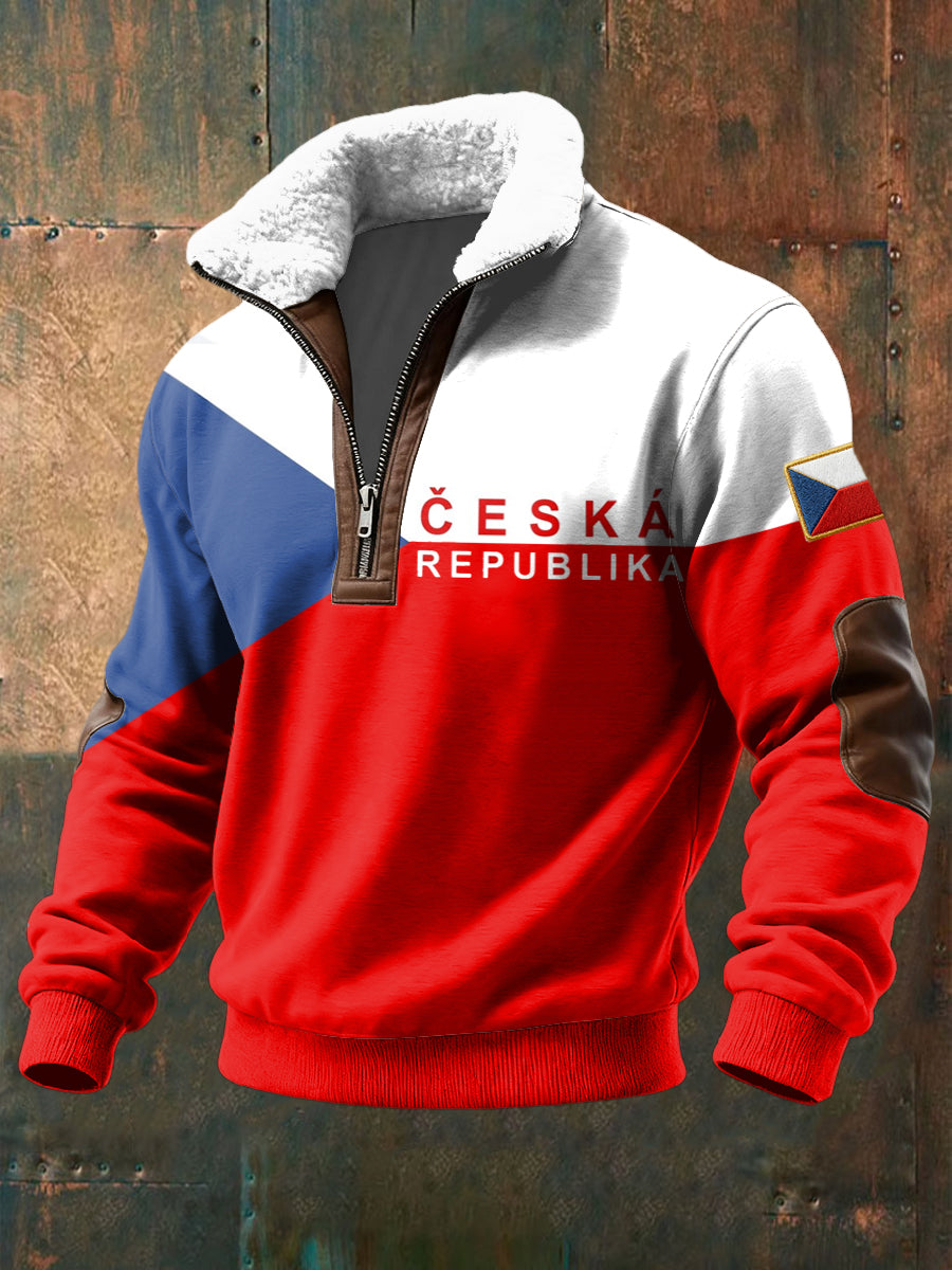 Retro česká vlajka patchwork lambswool zips pullover