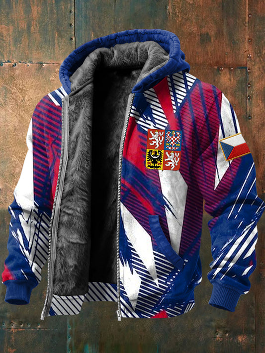 Retro czech badge geometric fleecelined hooded jacket