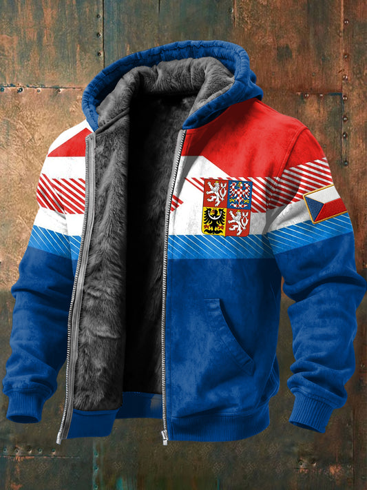 Retro geometric patchwork czech badge fleecelined hooded jacket