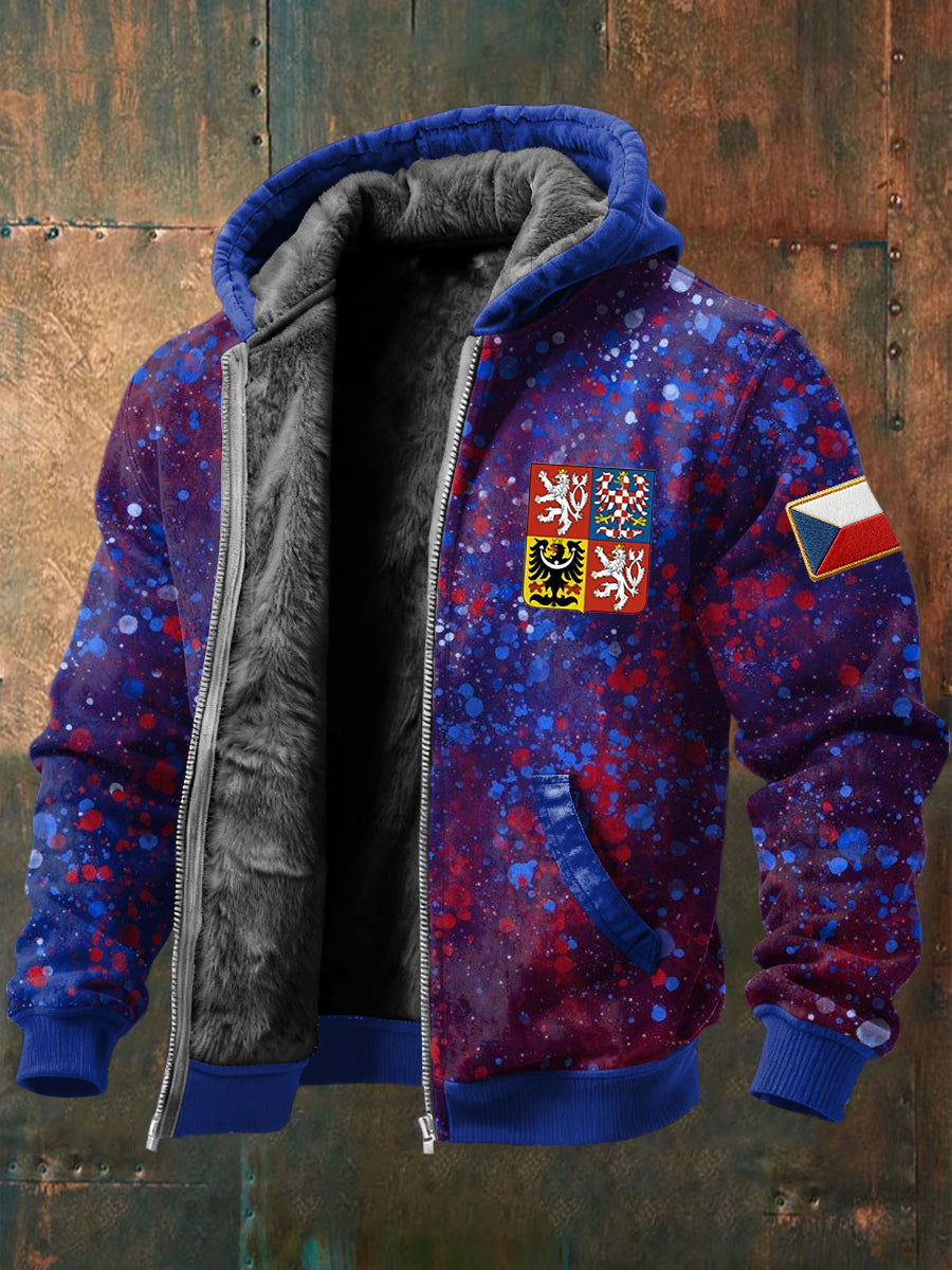 Retro czech emblem abstract inkwashed fleecelined hooded jacket