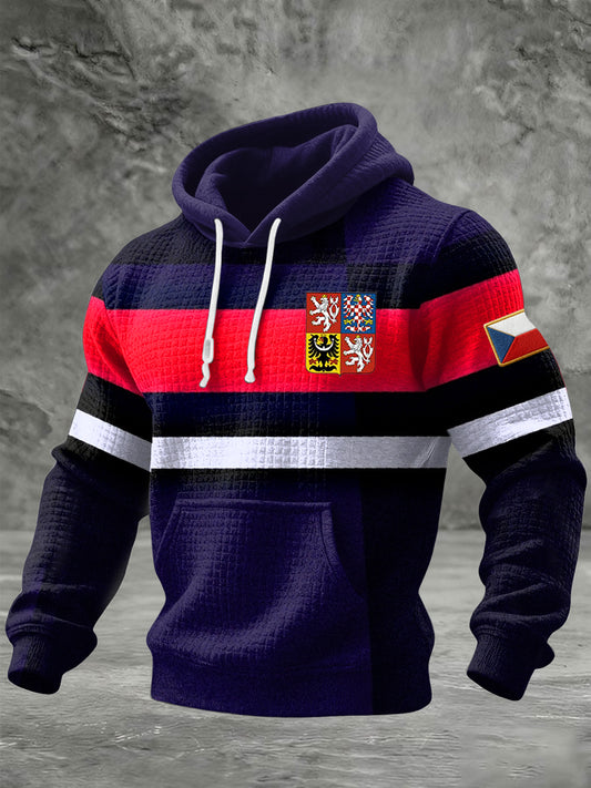 Retro czech emblem striped geometric casual hoodie