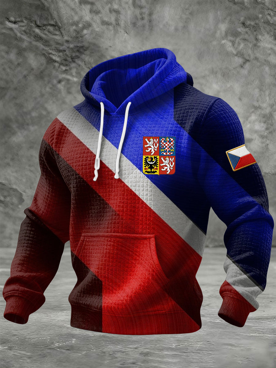 Retro czech emblem geometric patchwork casual hoodie