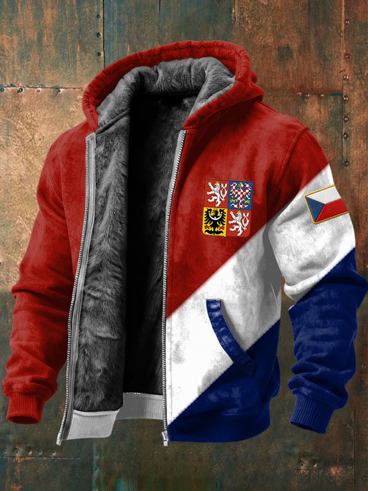 Retro czech badge striped geometric fleecelined hooded jacket