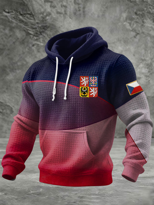 Retro czech emblem striped patchwork casual hoodie
