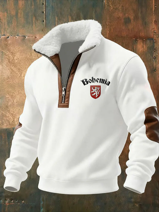 Pánské vintage vytištěné neformální polopískací mikina s obojkem fleecu