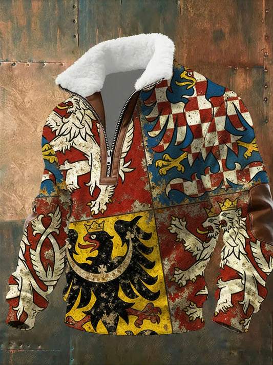 Pánské vintage vytištěné neformální polopískací mikina s obojkem fleecu