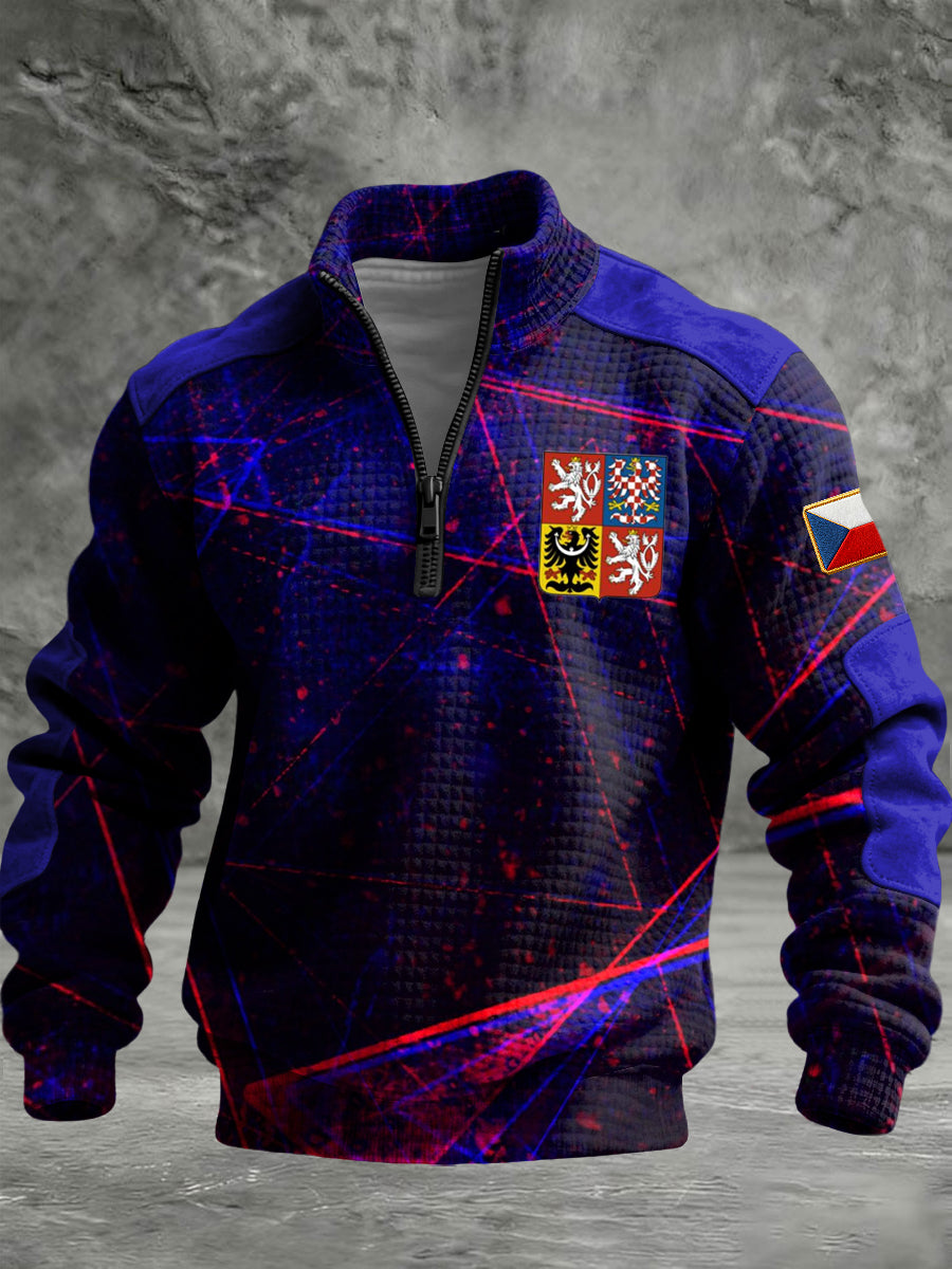Retro abstraktní čáry česká vlajka zips pulóver