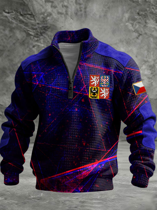 Retro abstraktní čáry česká vlajka zips pulóver