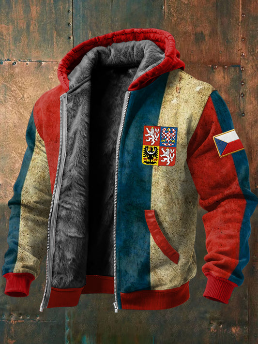 Ročníkstyl znepokojený českou vlajkou emblém fleecelemovaný s kapucnou bundou