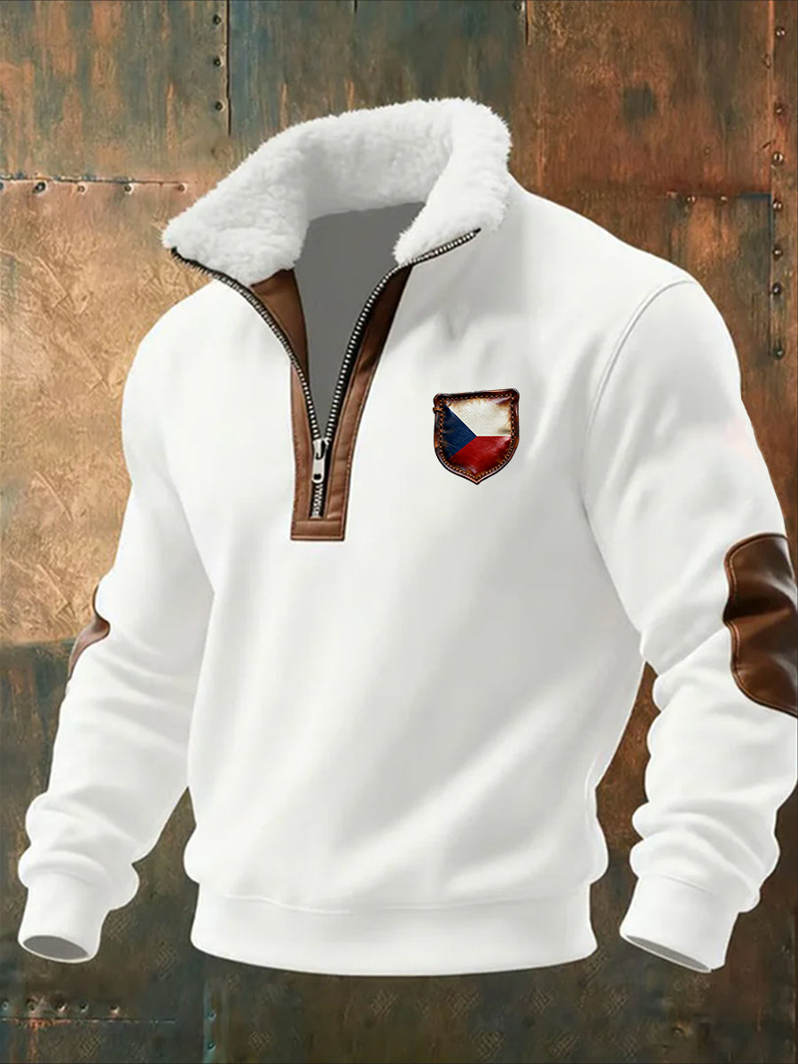 Pánské vintage vytištěné neformální polopískací mikina s obojkem fleecu