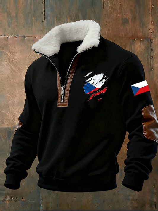 Pánské vintage vytištěné neformální polopískací mikina s obojkem fleecu