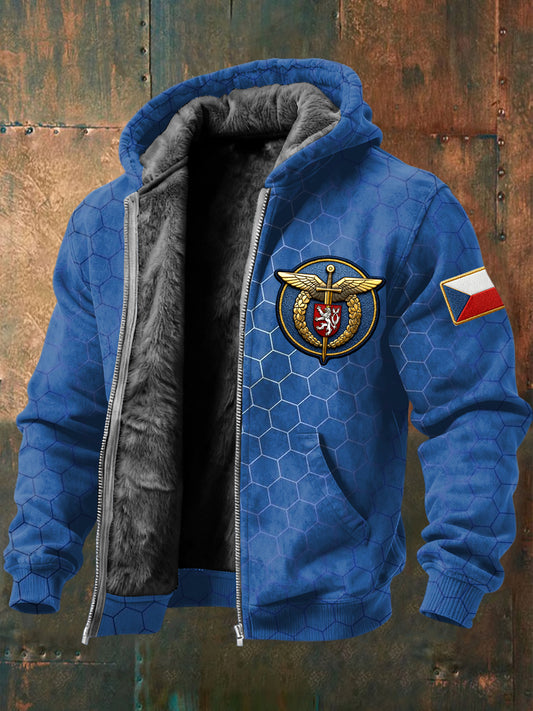 Retro czech air force emblem textured fleecelined hooded jacket