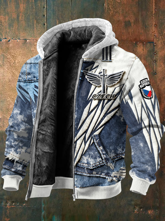 Pánské české kříže tisk fleecelemované džínsové bundystyl