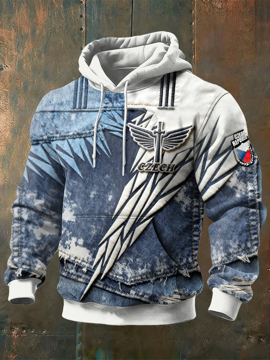 Men czech cross print denimeffect patchwork sweatshirt