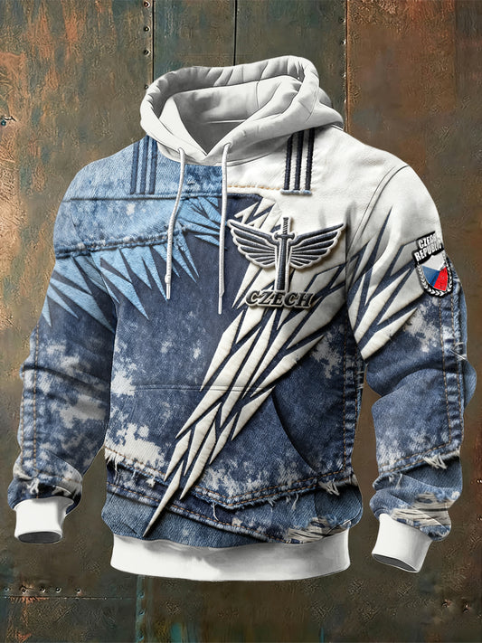 Men czech cross print denimeffect patchwork sweatshirt