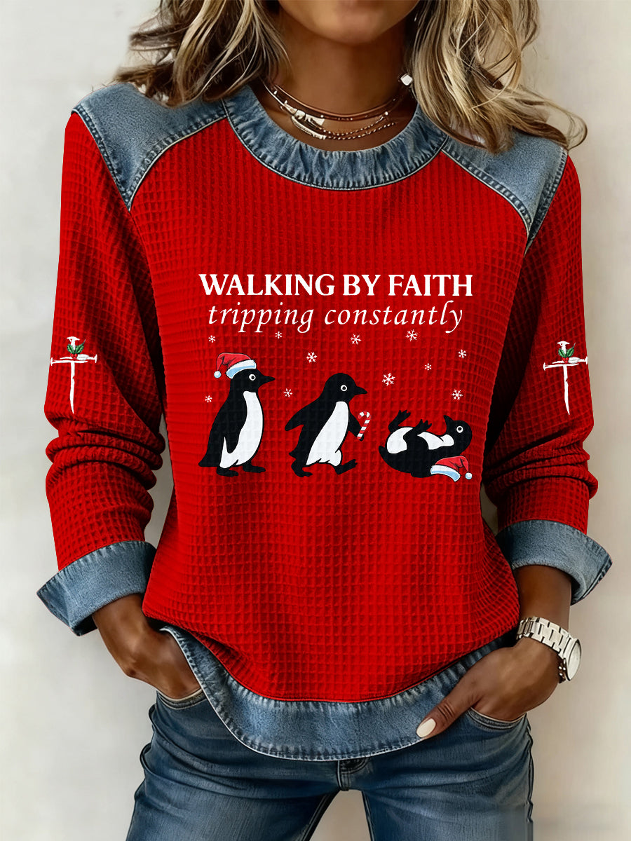 Women funny christmas walking by faith tripping constantly print casual wffle hoodie