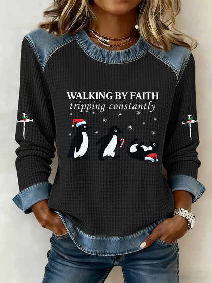Women funny christmas walking by faith tripping constantly print casual wffle hoodie