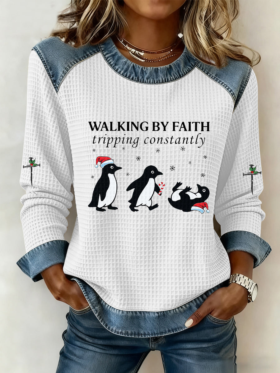 Women funny christmas walking by faith tripping constantly print casual wffle hoodie