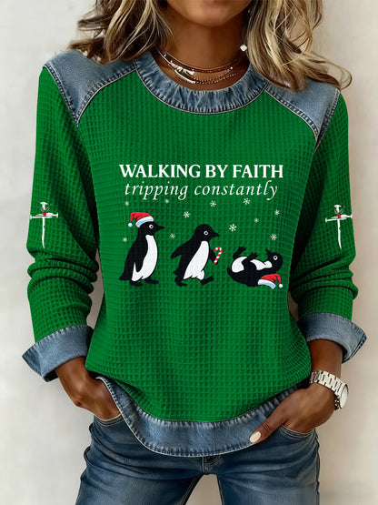 Women funny christmas walking by faith tripping constantly print casual wffle hoodie