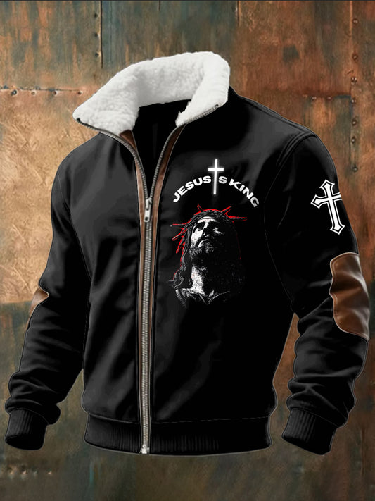 Retro jesus faith jehňata patchwork zips bunda