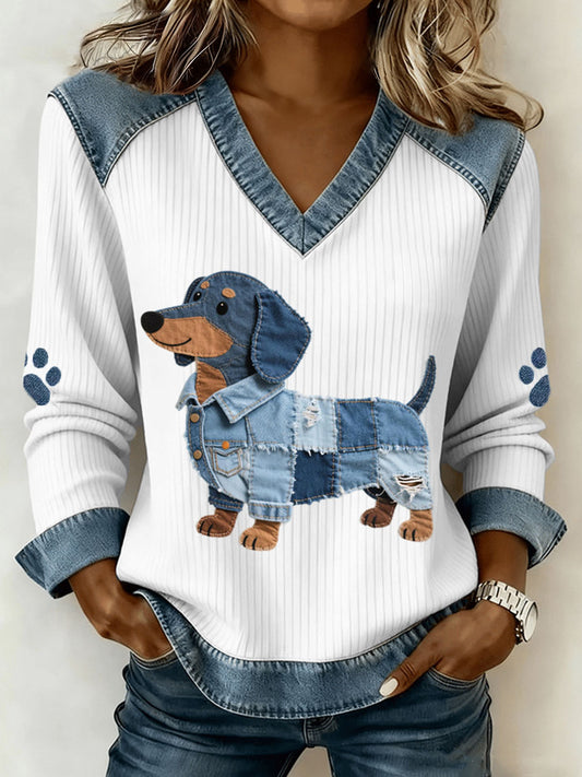 Dámské roztomilý dachshund vzor džínsové patchwork umění vneck top