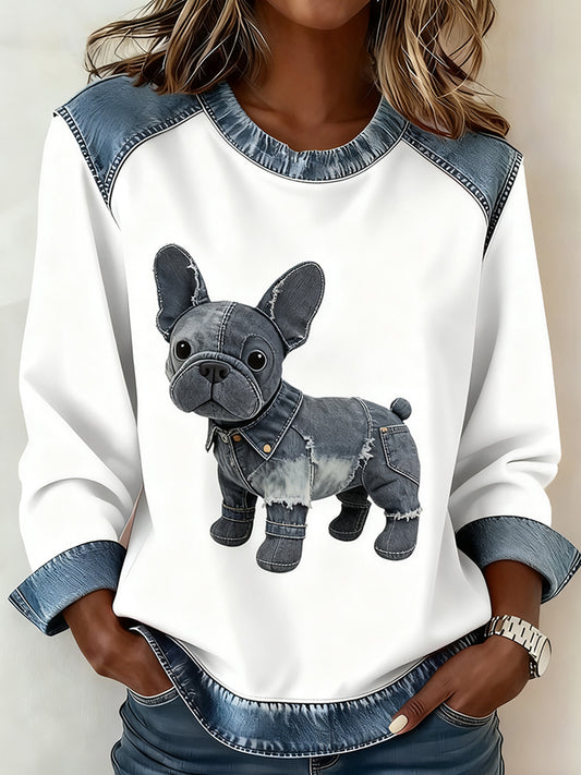 Dámské retro zvířecí umění tisk pohodlné džínsové mikiny patchwork sweatshirt