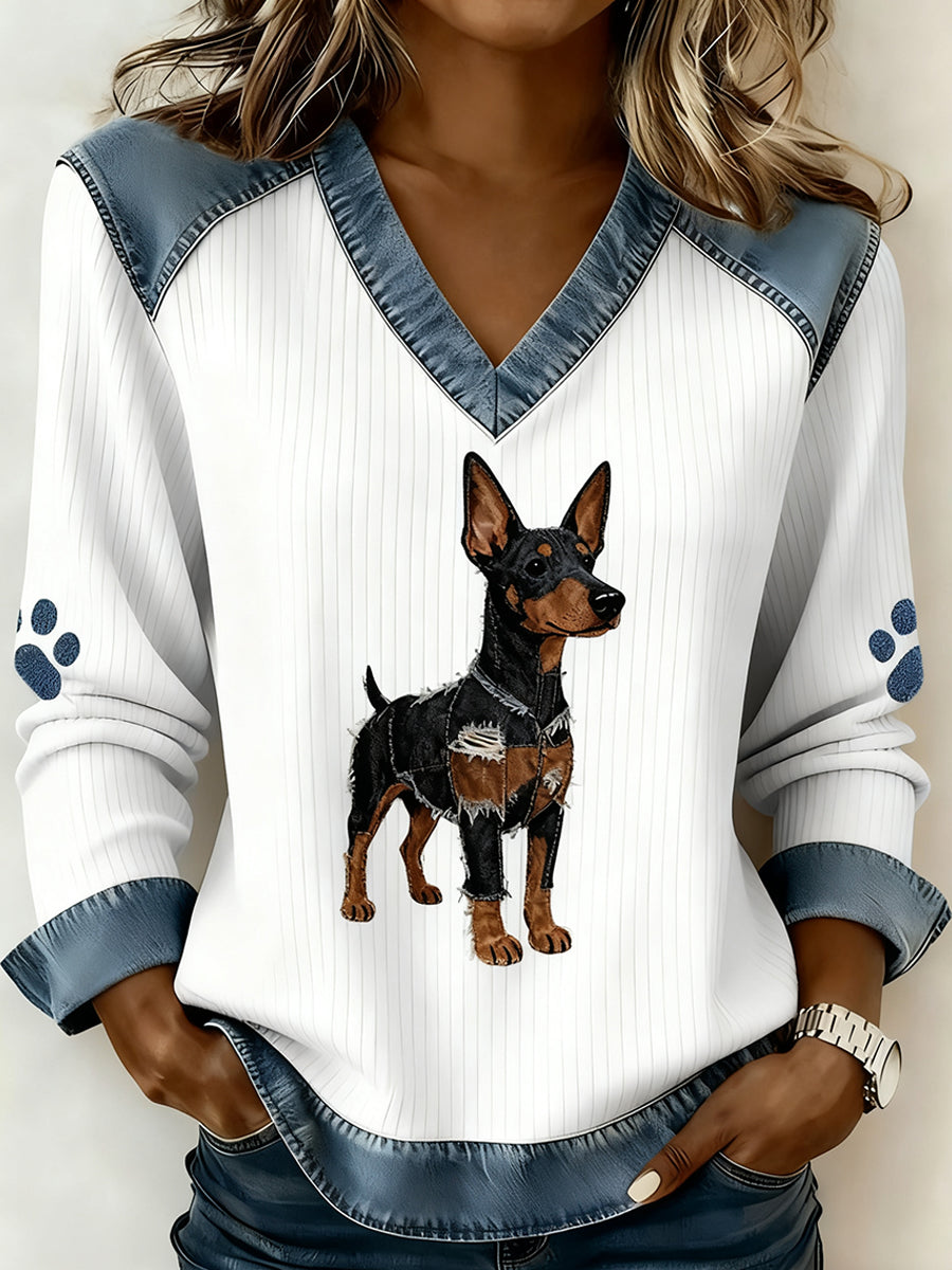 Dámské retro vneck denim patchwork animal print casual comfort top