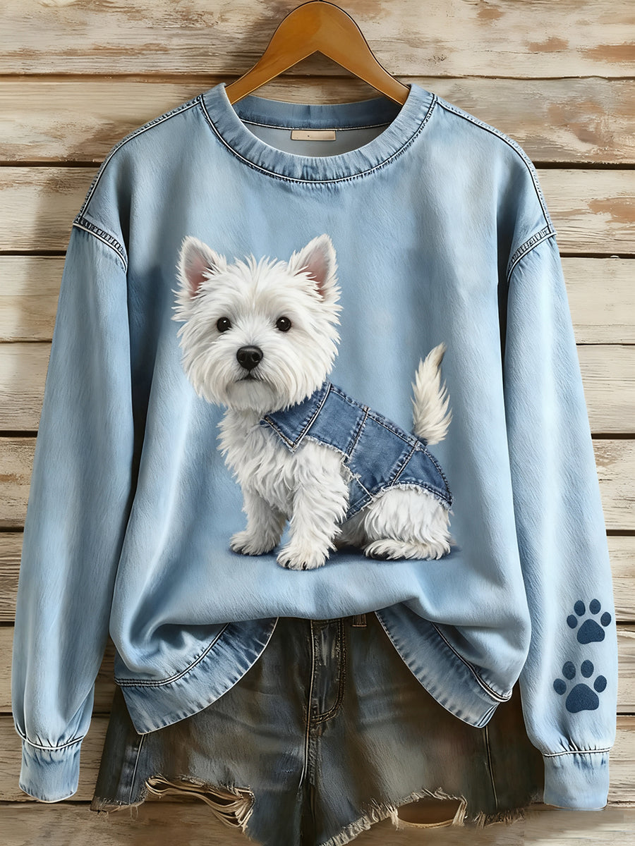 Dámské retro denim patchwork animal art print casual comfort sweatshirt s dlouhým rukávem