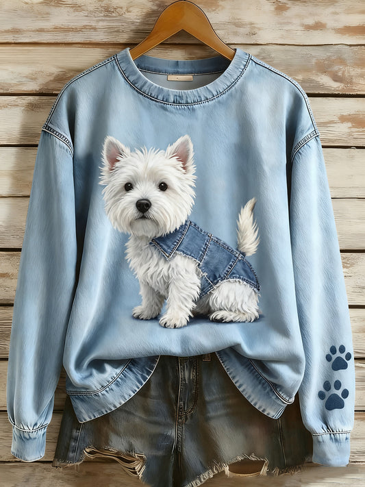Dámské retro denim patchwork animal art print casual comfort sweatshirt s dlouhým rukávem