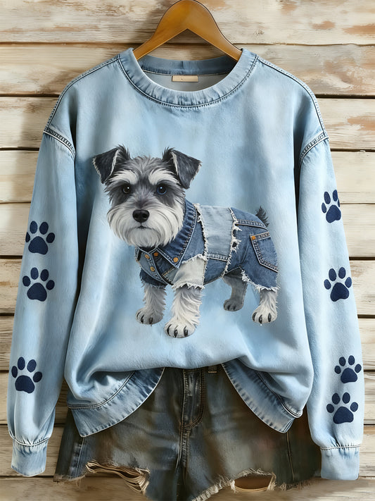 Dámské retro denim patchwork animal art print casual comfort sweatshirt s dlouhým rukávem