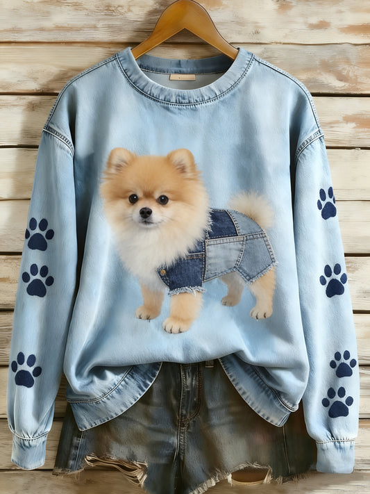 Dámské retro denim patchwork animal art print casual comfort sweatshirt s dlouhým rukávem